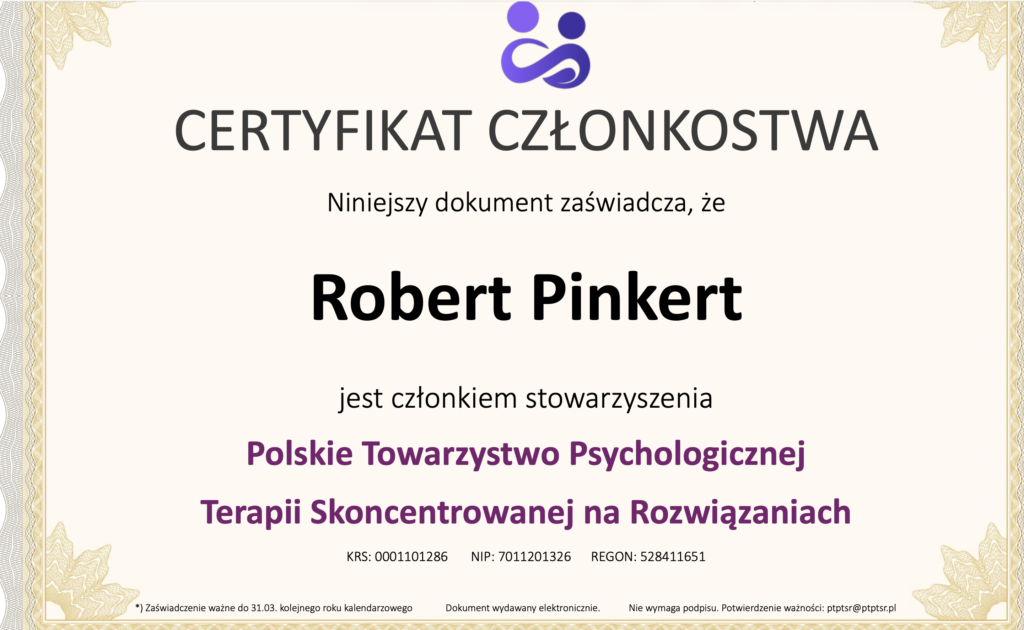 Zaświadczenie o członkostwie Roberta Pinkerta w PTTSR